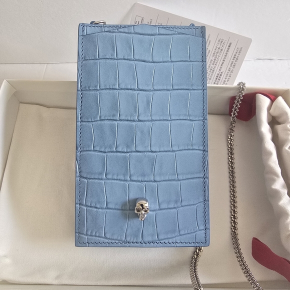 Alexander McQueen Handbags - Alexander McQueen Skull Croc-Embossed Leather Phone-Case-On-Chain Blue